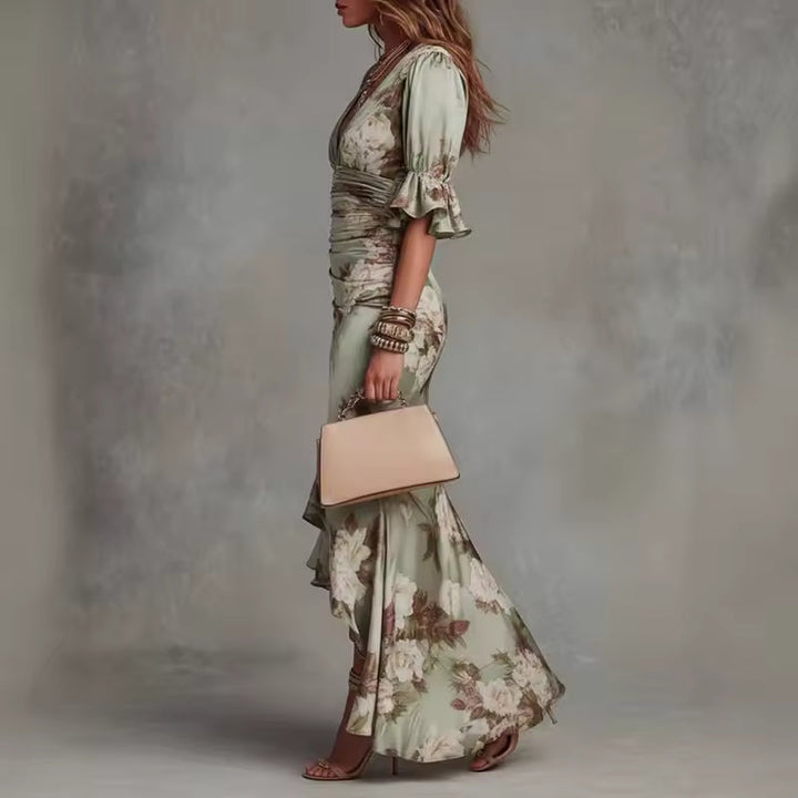 Lucía | Robe longue asymétrique en satin avec imprimé floral