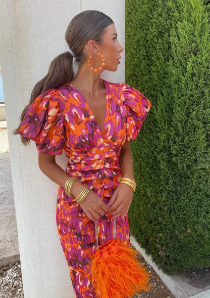 Arielle™ | Robe Midi Femme Colorée à Manches Plissées