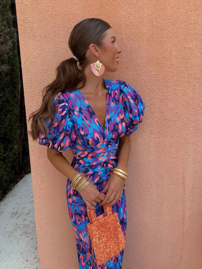 Arielle™ | Robe Midi Femme Colorée à Manches Plissées