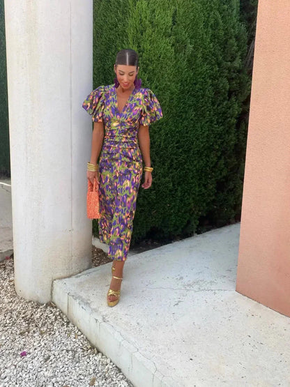 Arielle™ | Robe Midi Femme Colorée à Manches Plissées