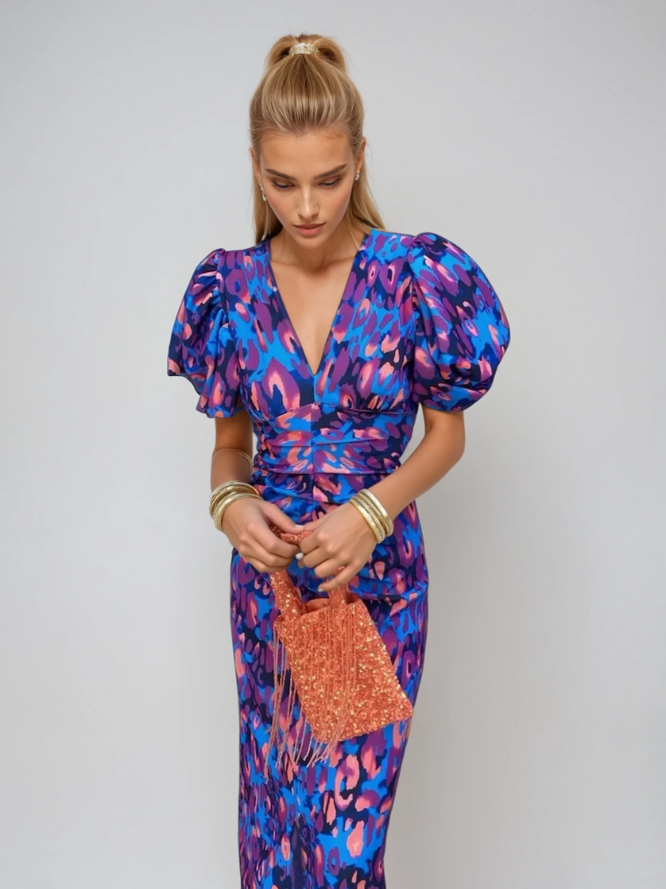 Arielle™ | Robe Midi Femme Colorée à Manches Plissées