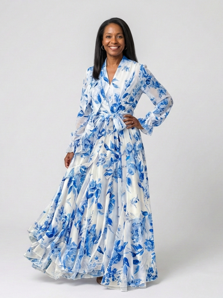 Lillian | Robe Maxi Wrap à Manches Longues Fleurie