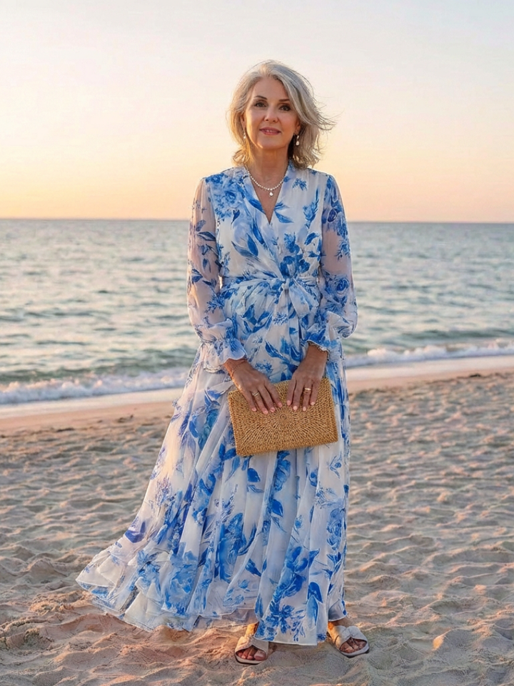 Lillian | Robe Maxi Wrap à Manches Longues Fleurie