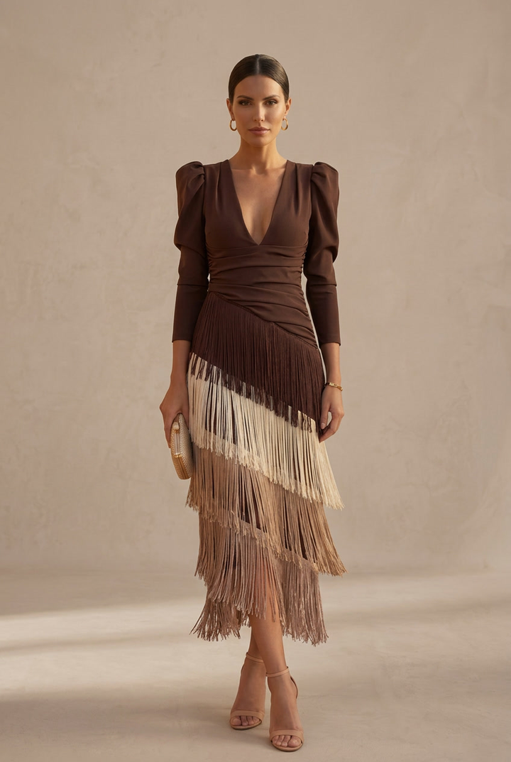 Frida | Robe midi avec franges en vert sauge